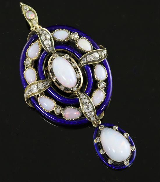 A good Victorian, white opal, blue enamel and diamond set oval drop pendant brooch, overall 73mm.